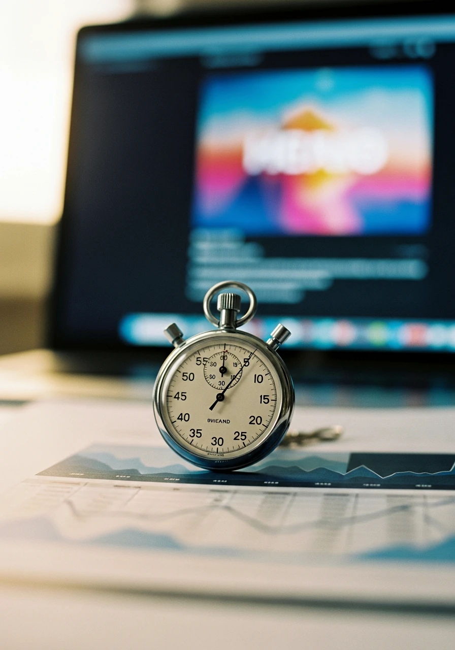 Chronometre pose sur un rapport de performance imprime illustrant le LCP, la vitesse d'affichage de l'element principal
