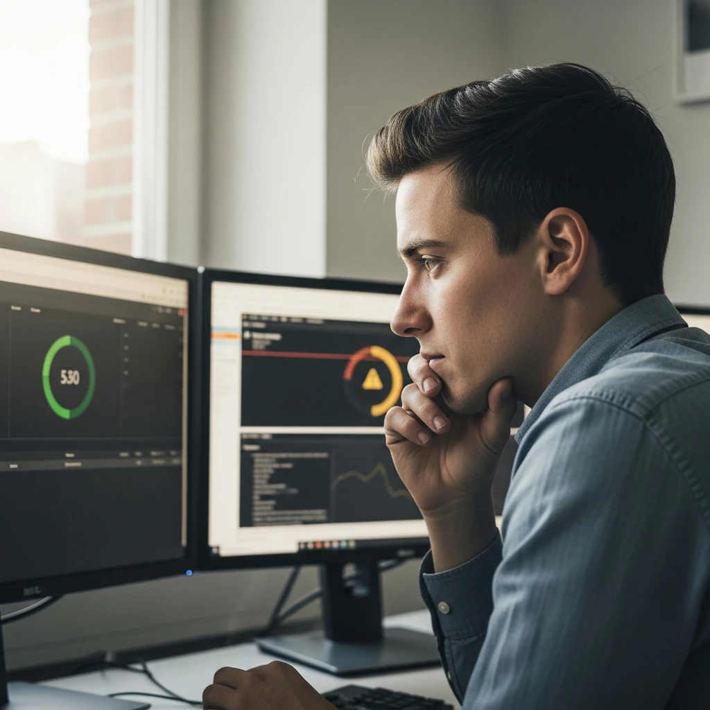 Professionnel comparant un score Lighthouse en laboratoire aux donnees de terrain pour eviter les erreurs d'optimisation Core Web Vitals