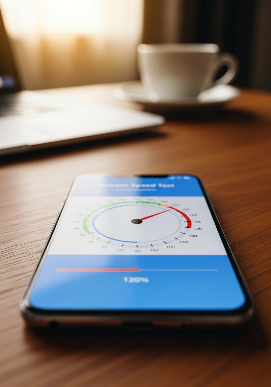 Smartphone lancant un test de vitesse de page avec une jauge, etape de mesure d'un audit de performance web