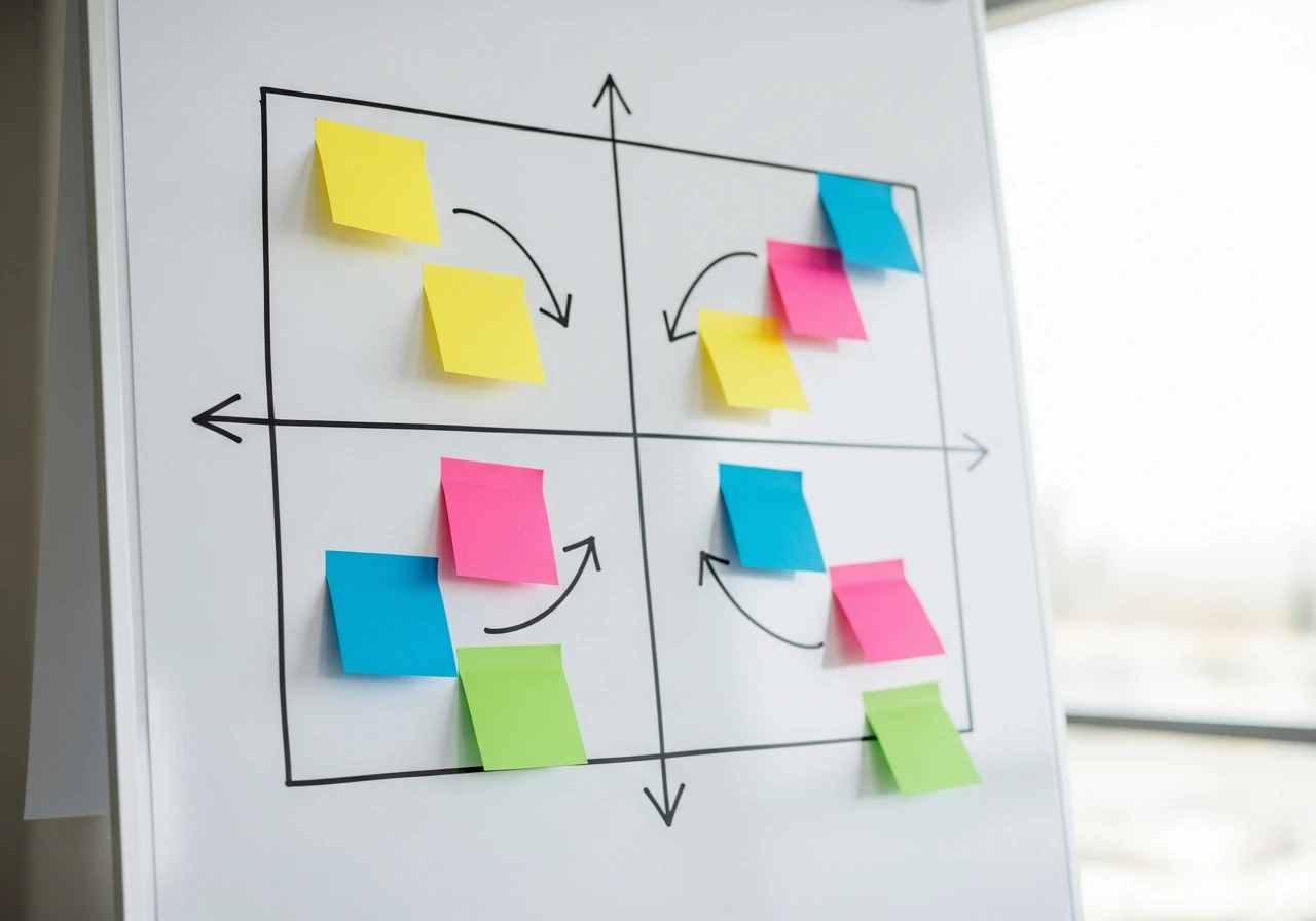 Matrice impact-effort au tableau blanc avec des notes colorees pour prioriser les correctifs d'un audit de performance