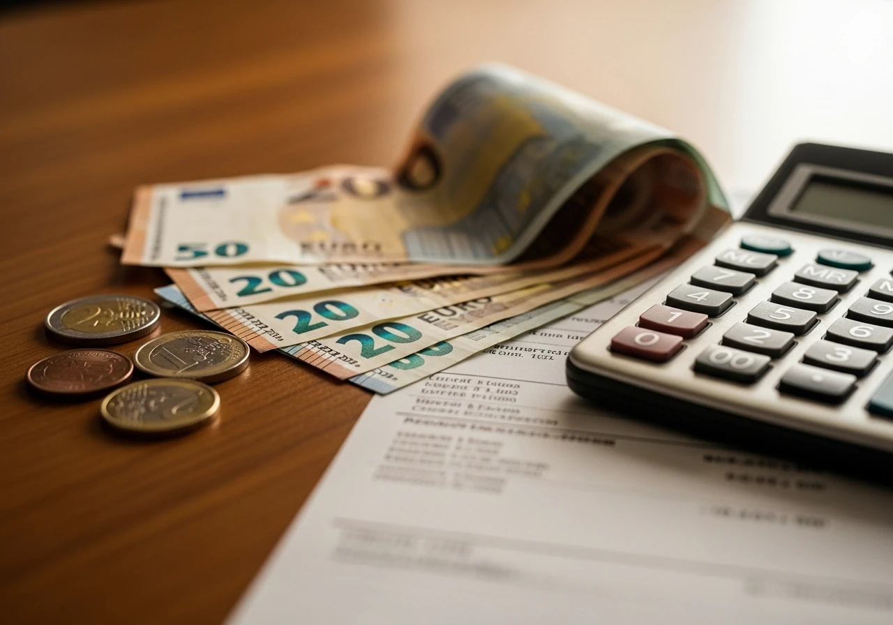 Billets en euros, calculatrice et facture illustrant le tarif mensuel d'un consultant Google Ads