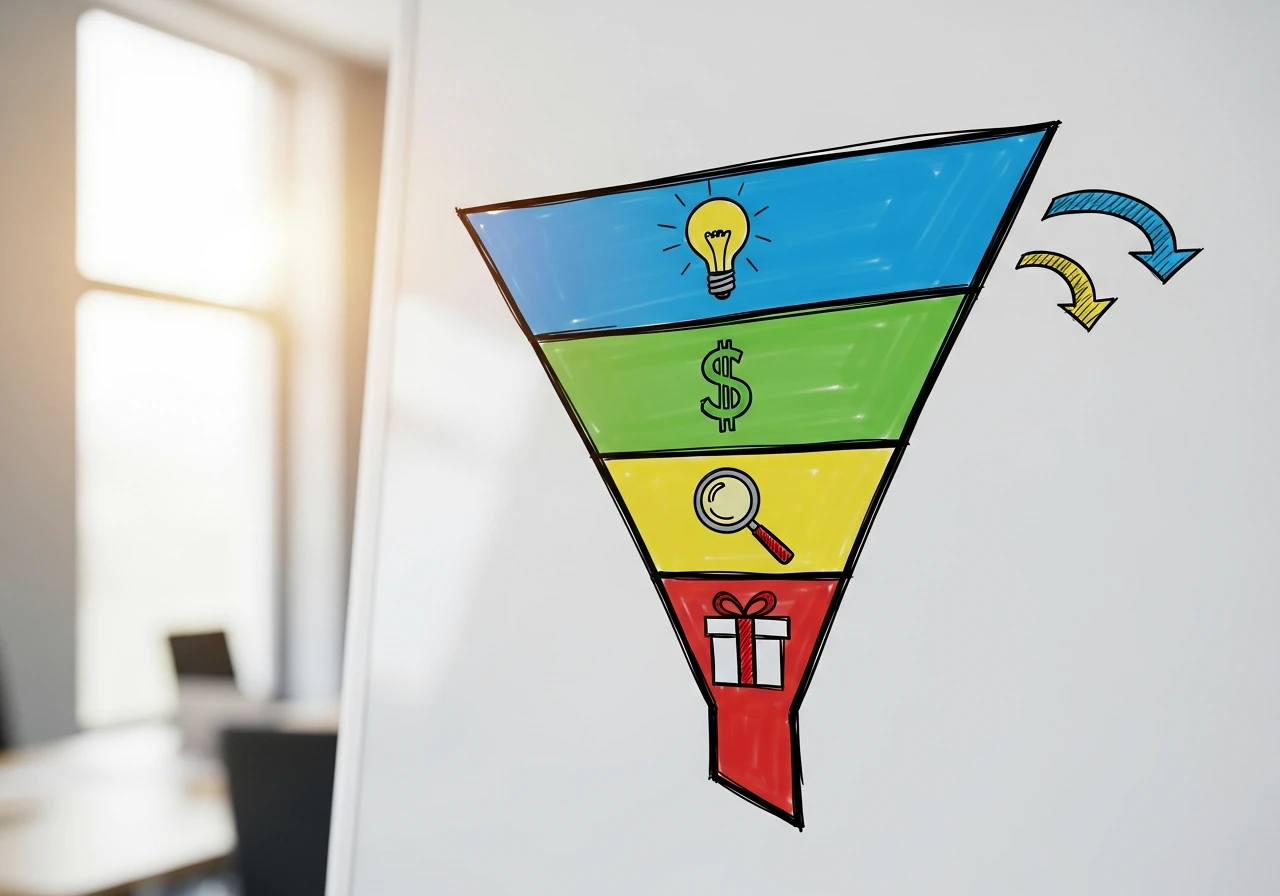 Schema d'entonnoir a quatre etapes au tableau blanc illustrant les phases cles d'un tunnel de conversion e-commerce