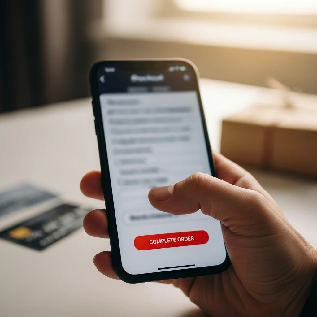 Smartphone a l'etape de paiement avec un pouce sur le bouton, illustrant les leviers pour reduire l'abandon checkout