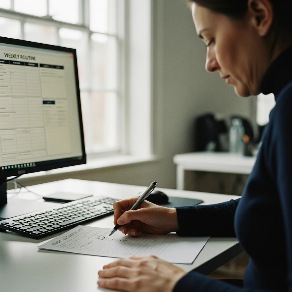 Dirigeant suivant sa routine hebdomadaire de pilotage SEO avec Search Console et une checklist