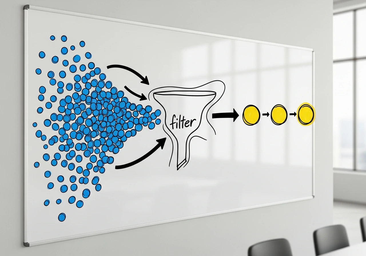 Schema filtrant une multitude d'indicateurs vers les KPI marketing essentiels pour une PME sans data analyst
