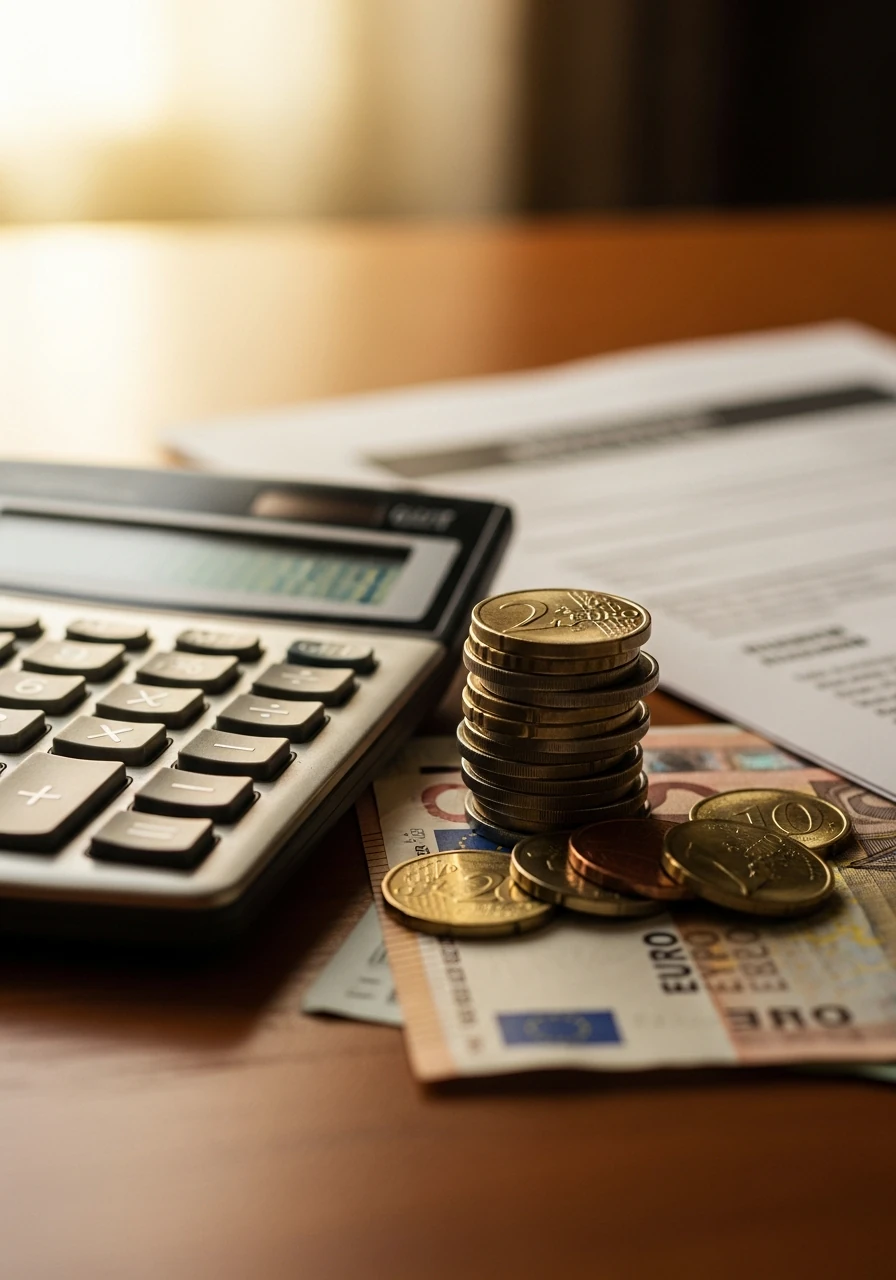 Calculatrice, pieces et billets illustrant le cout d'acquisition client, limite de depense d'une PME
