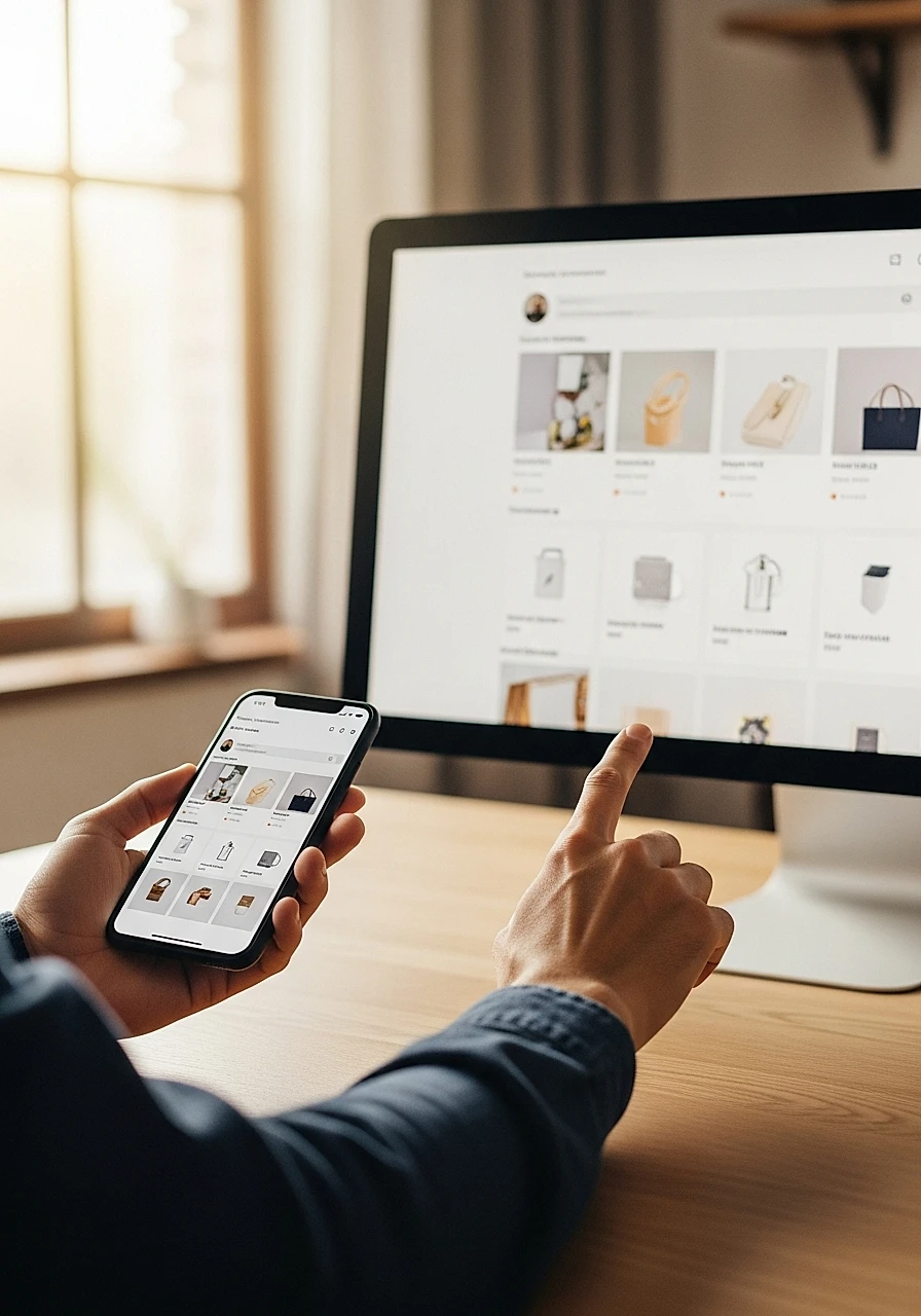Personne comparant un smartphone et un écran de bureau illustrant l'écart de conversion mobile et desktop