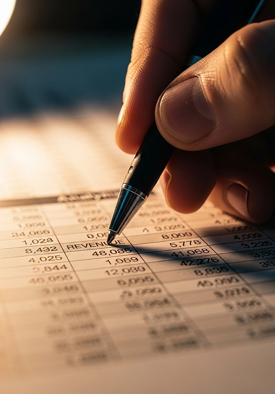 Stylo pointant un chiffre de revenu suspect sur un rapport imprimé, illustrant le double comptage