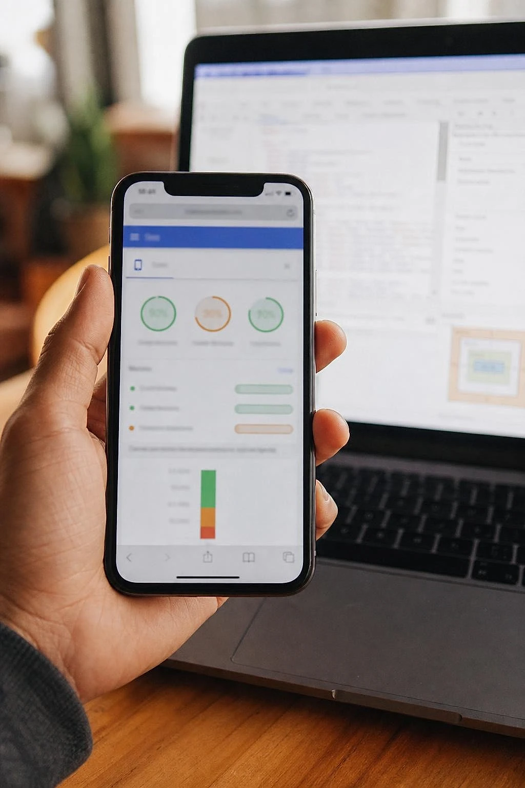 Smartphone affichant des jauges de performance et Core Web Vitals en mode mobile