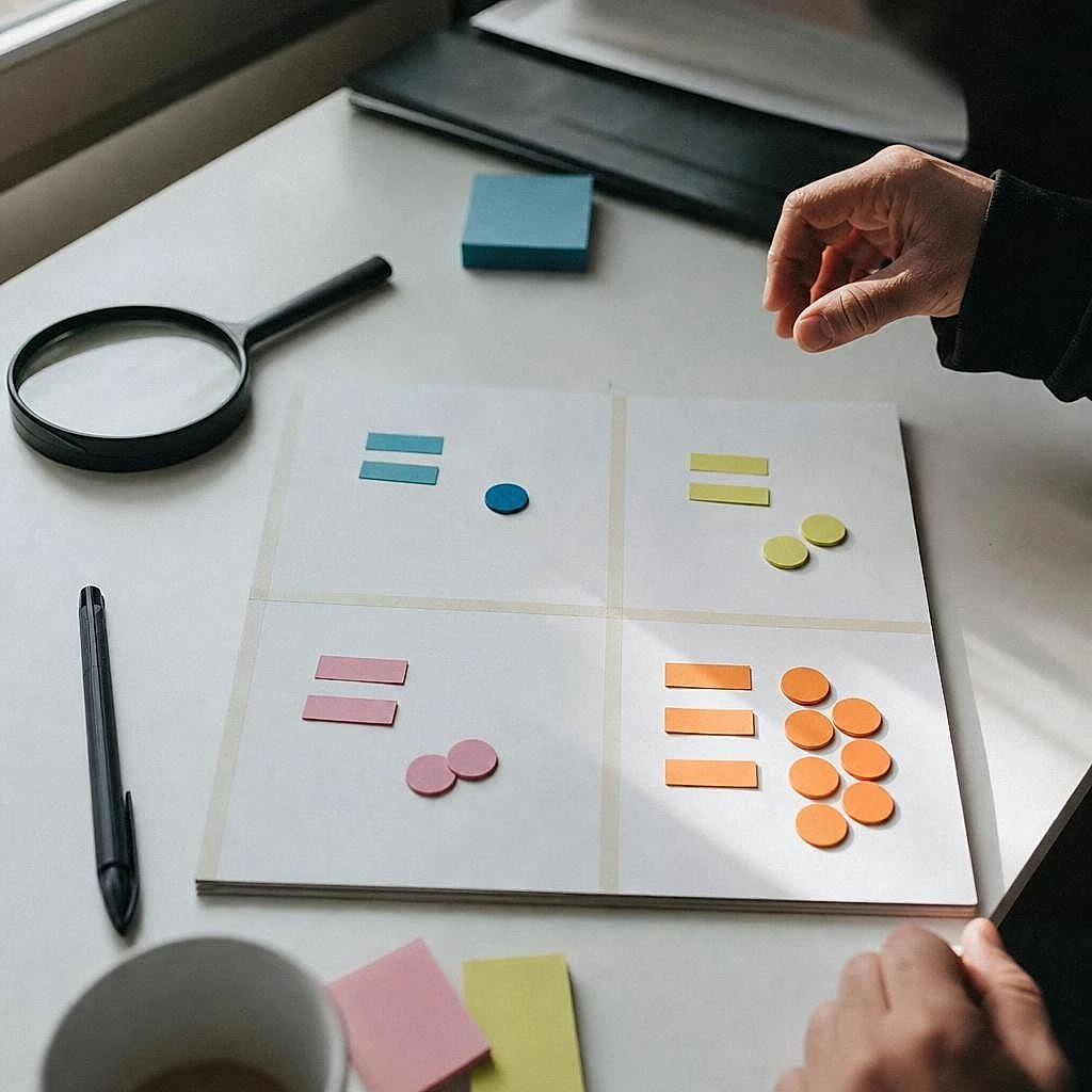 Matrice à quatre quadrants matérialisée par des jetons colorés pour prioriser les corrections UX