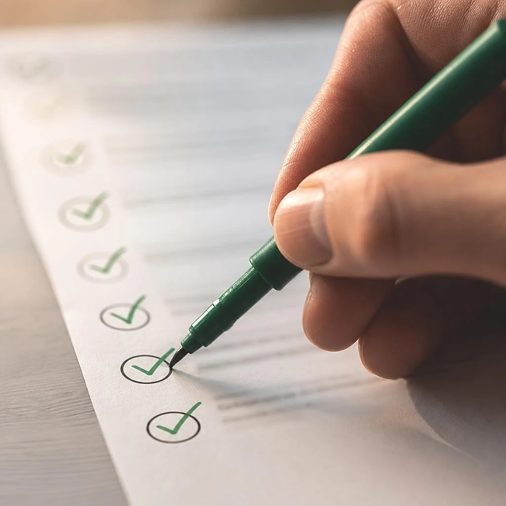 Stylo cochant une liste de contrôles imprimée, illustrant la vérification du suivi avant le Smart Bidding