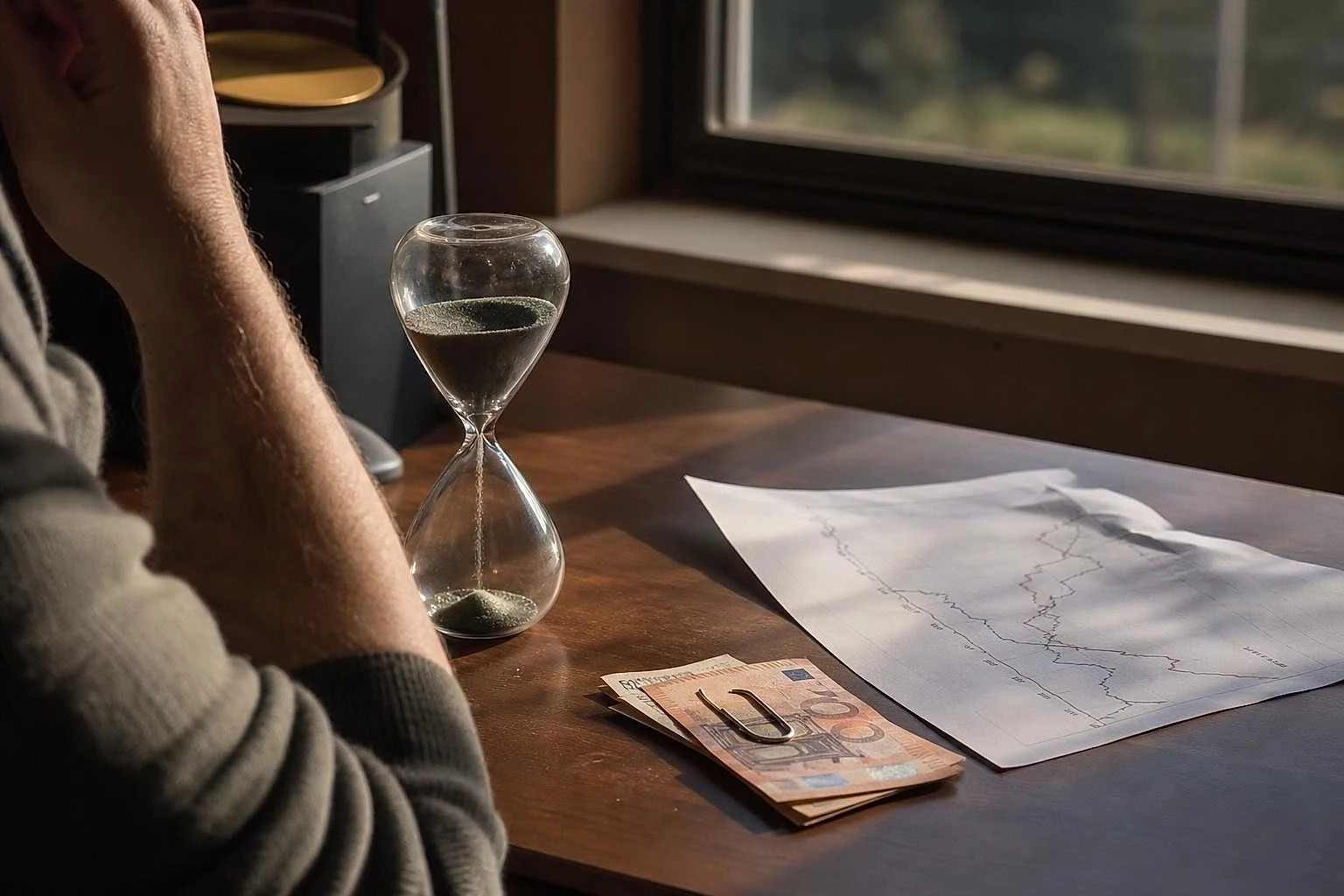 Sablier près d'une liasse de billets et d'un graphique, illustrant un budget test borné dans le temps