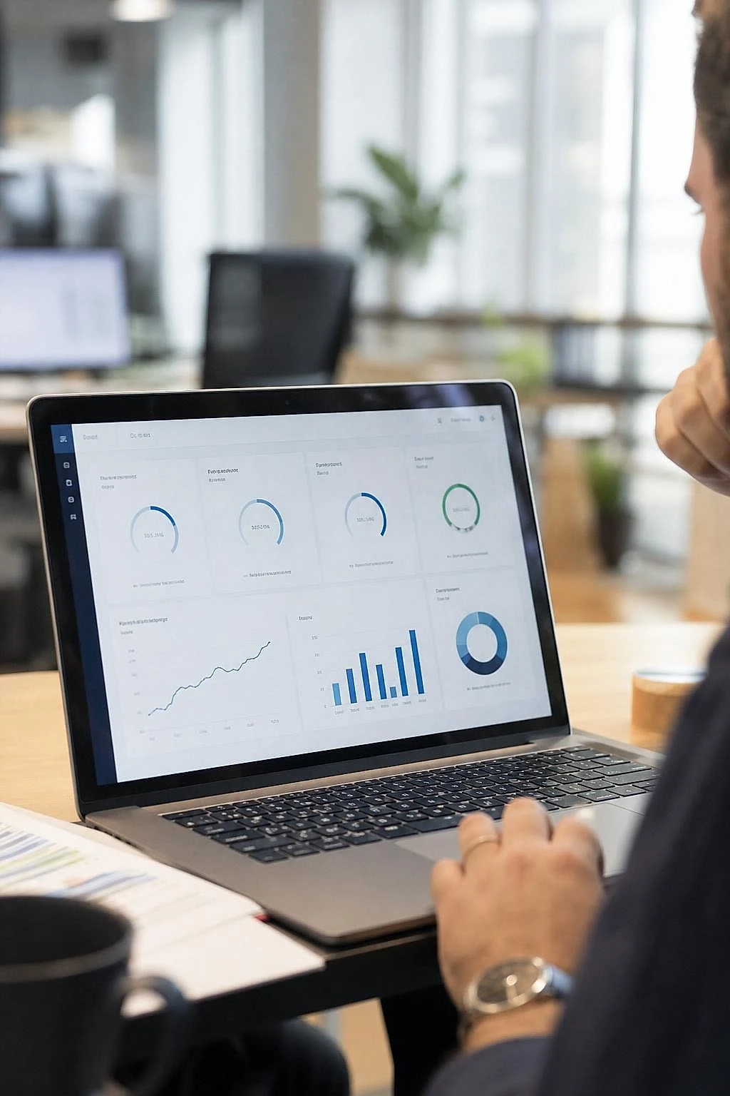 Tableau de bord analytics affichant quatre tuiles d'indicateurs avec jauges et courbes pour suivre la rentabilité