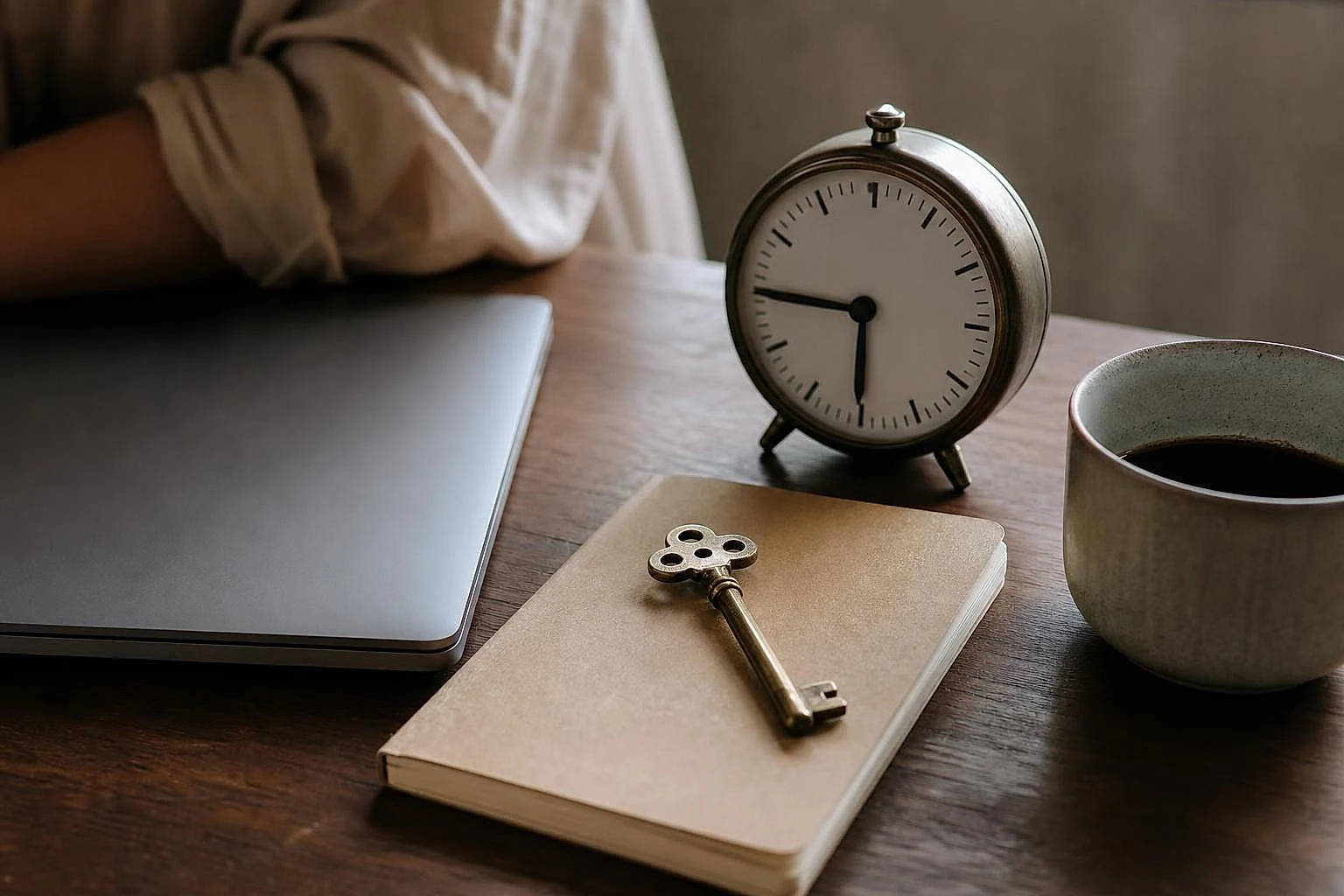 Clé, carnet et horloge évoquant les accès et le temps à préparer avant d'installer GA4