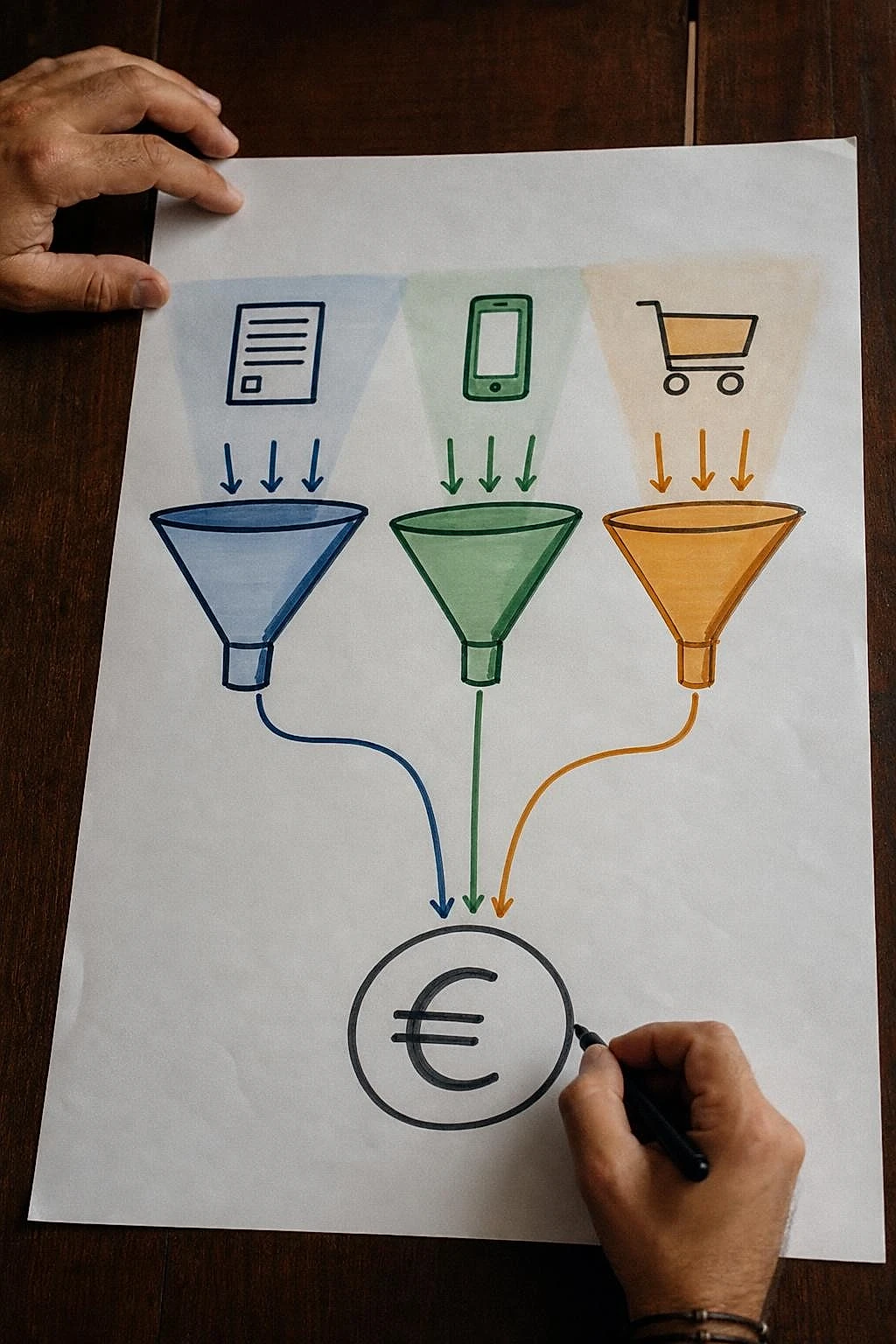 Schéma dessiné à la main reliant trois entonnoirs de conversion à une valeur monétaire unique en euros