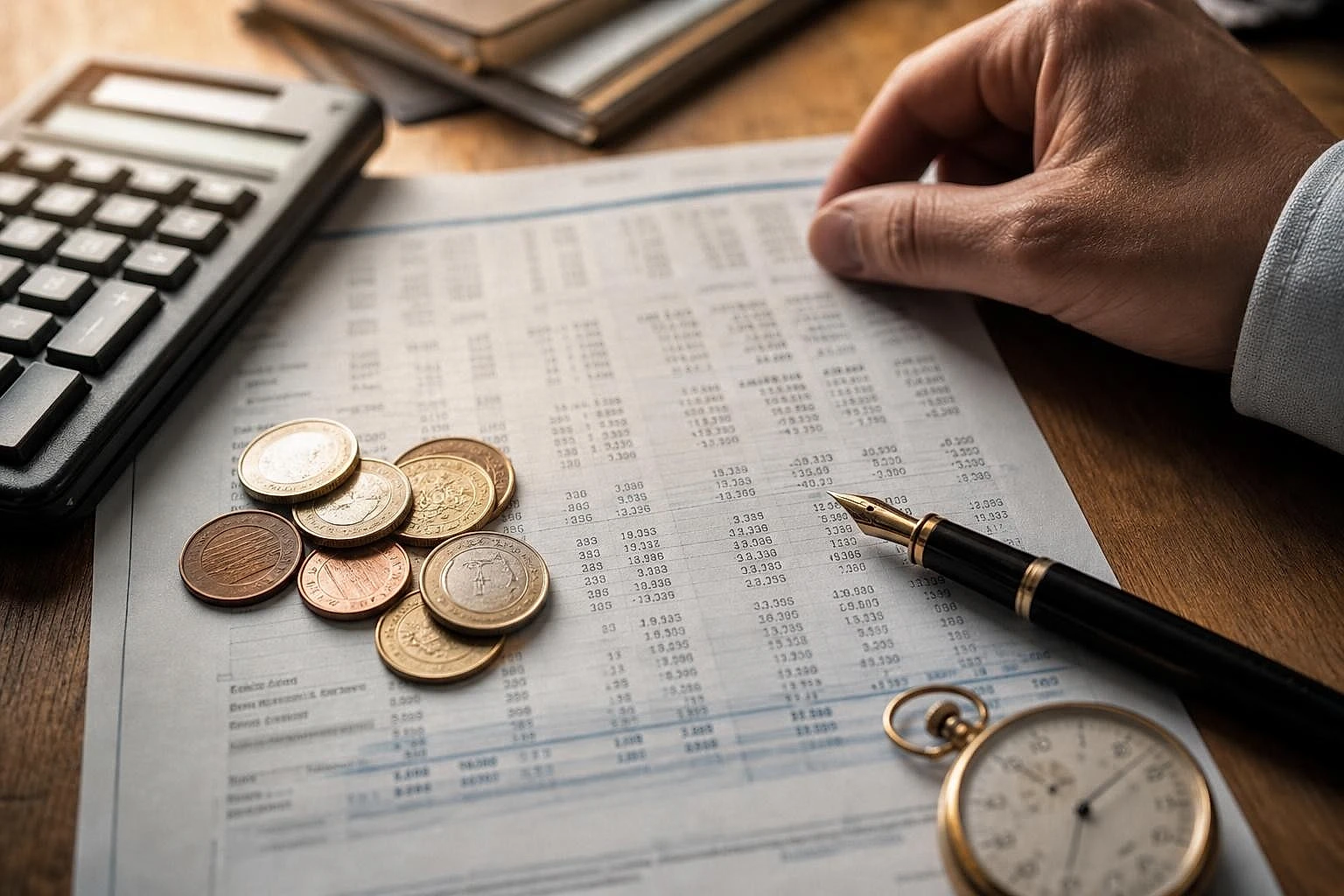 Pièces, facture, calculatrice et chronomètre évoquant l'addition des cinq postes de coûts du référencement