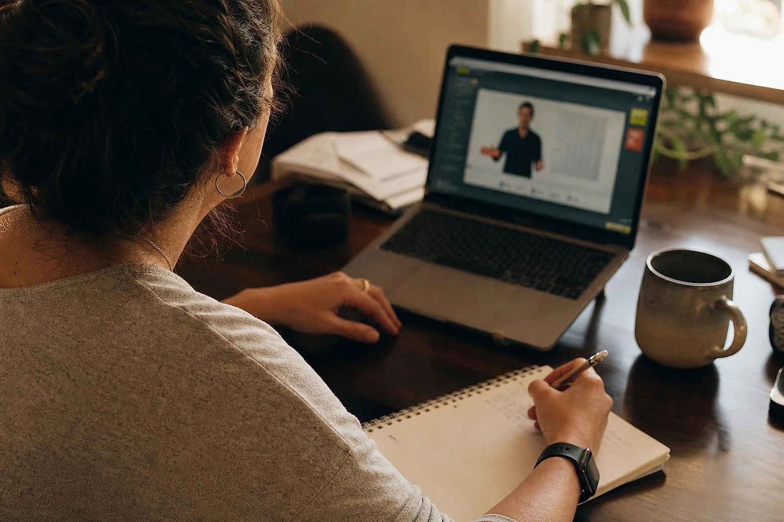 Personne prenant des notes devant un module de formation en ligne pour apprendre les bases de la publicité search
