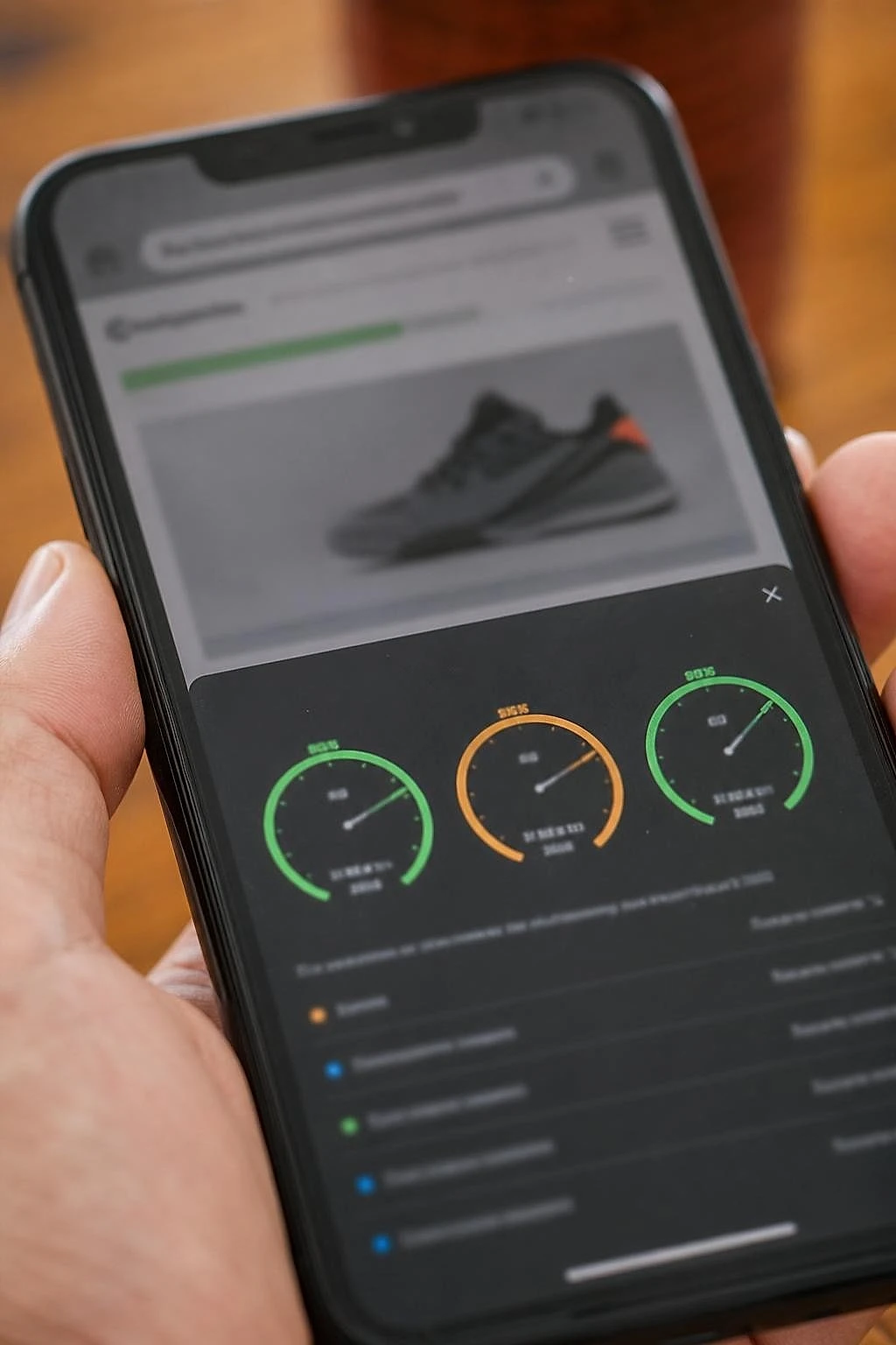 Gros plan d'un test de vitesse mobile affichant des jauges de Core Web Vitals sur un smartphone