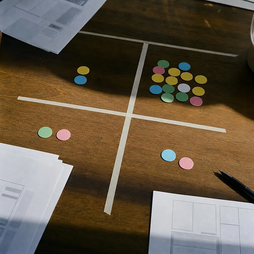 Composition d'une matrice impact/effort avec jetons de couleur triés par priorité de correction