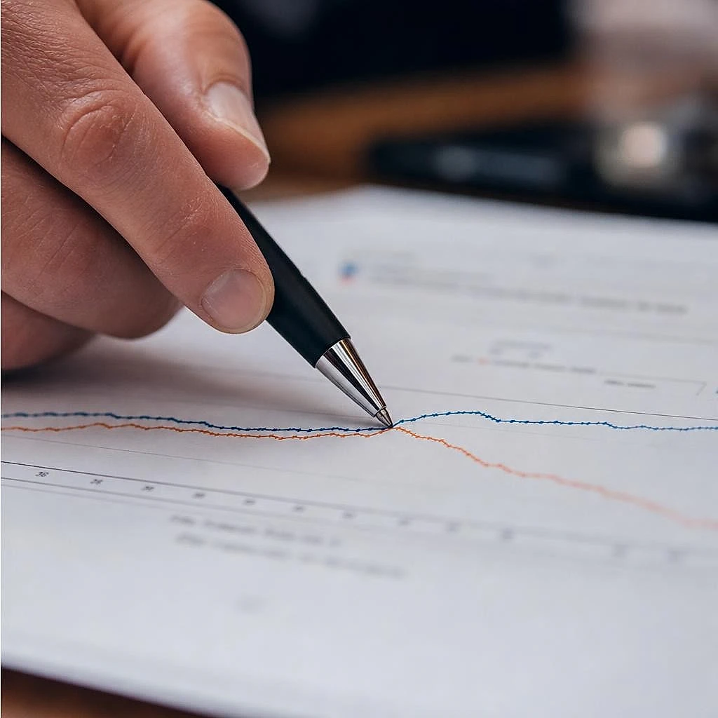 Stylo pointant l'écart entre courbes de positions desktop et mobile sur un rapport imprimé