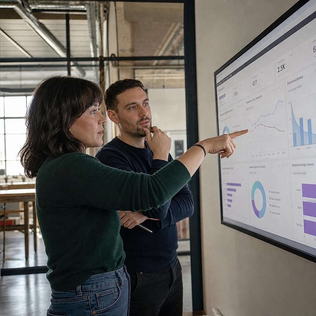 Deux collègues analysant ensemble des courbes de trafic pour piloter un audit SEO en interne