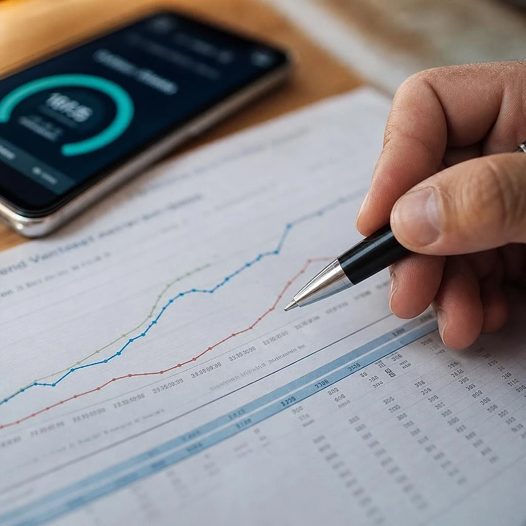 Gros plan d'un stylo pointant une courbe imprimée pour vérifier ses indicateurs SEO soi-même