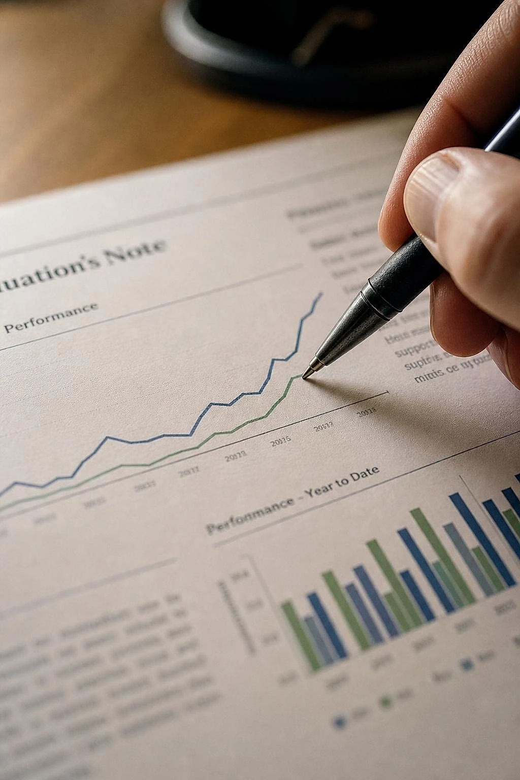 Stylo pointant une courbe de performance imprimée pour comparer le ROAS entre comptes publicitaires