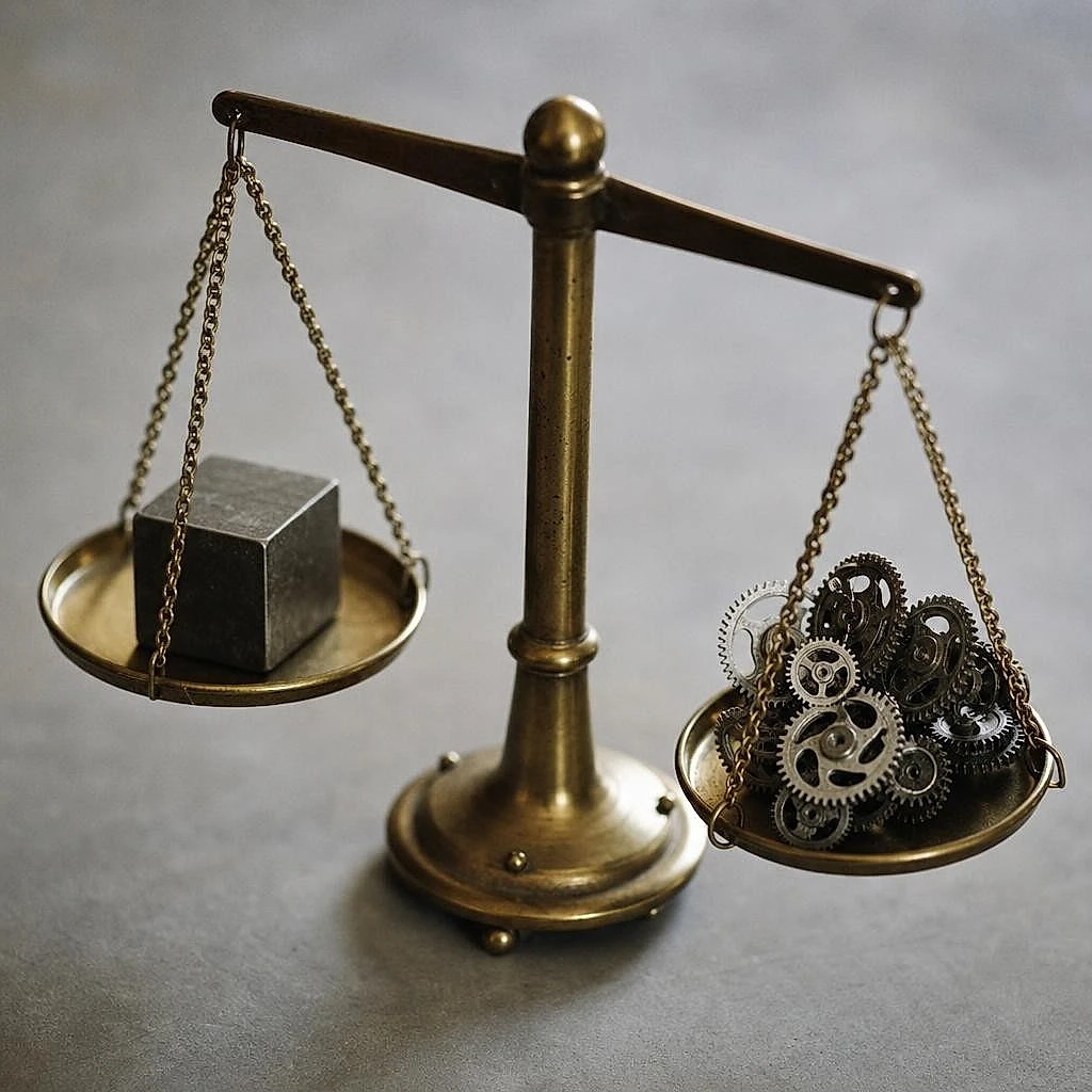 Balance opposant un objet simple à un amas d'engrenages, image du dilemme compte unique ou administrateur