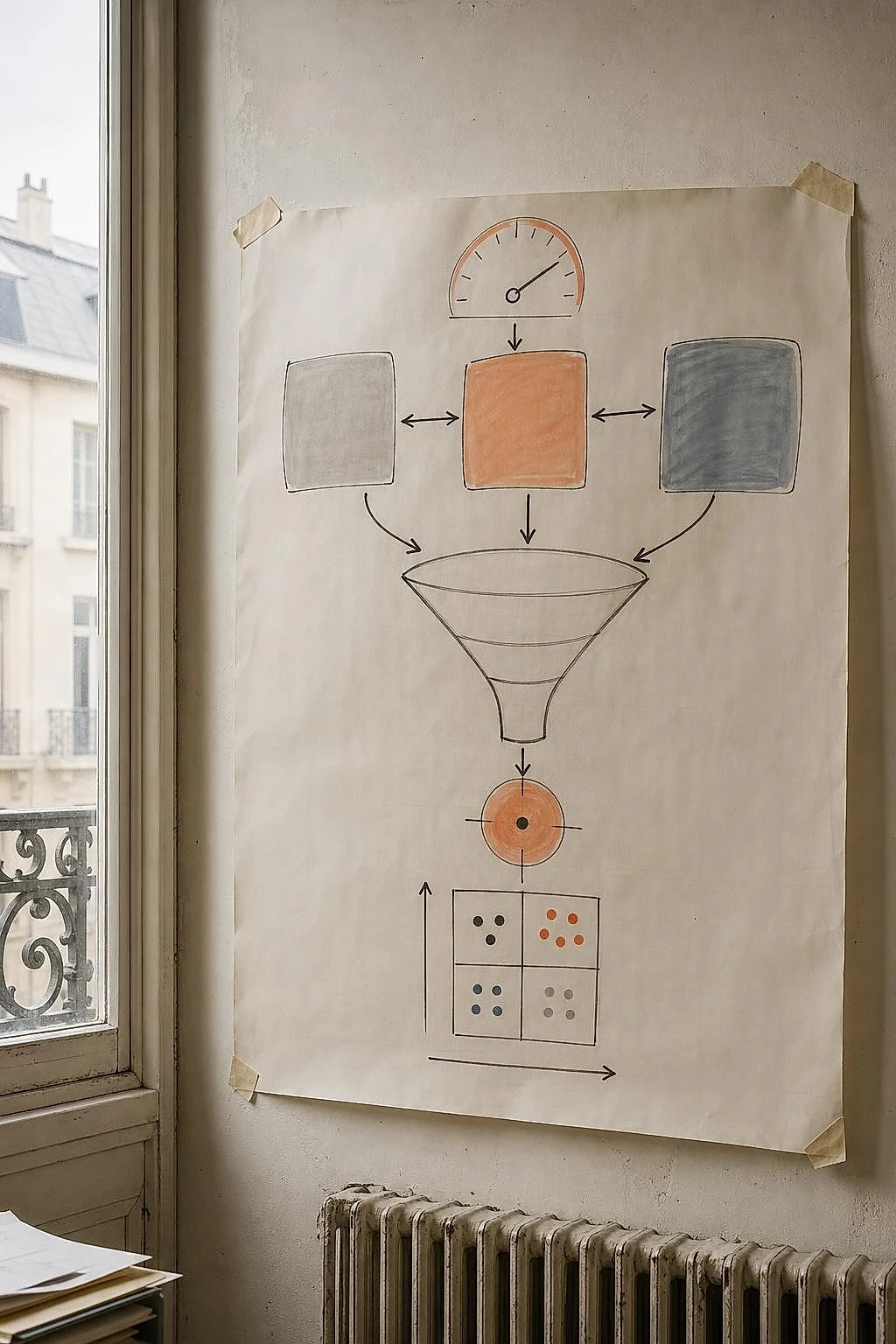 Hand-drawn diagram on a large sheet pinned to the wall showing the areas of an audit with arrows and colored zones