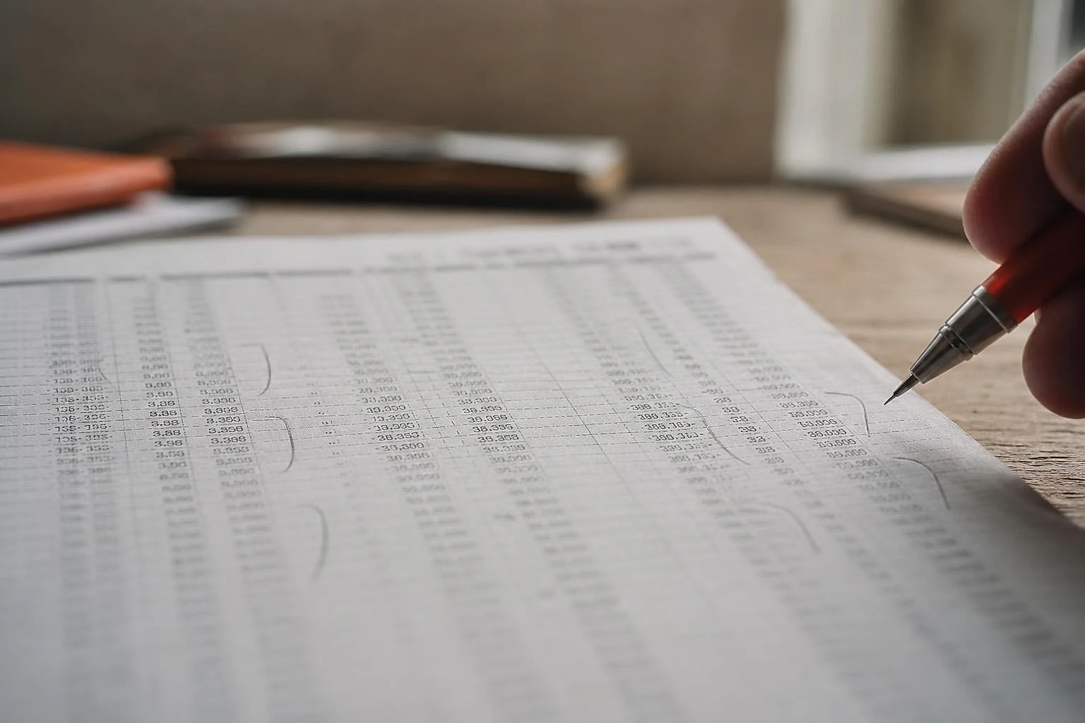 Macro close-up of a printed price grid annotated in pencil on a light wooden counter
