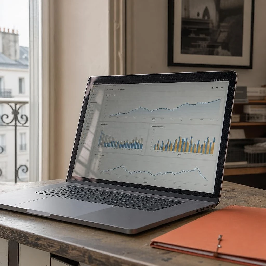 Computer screen showing an analytics dashboard with traffic curves and rankings to track each month
