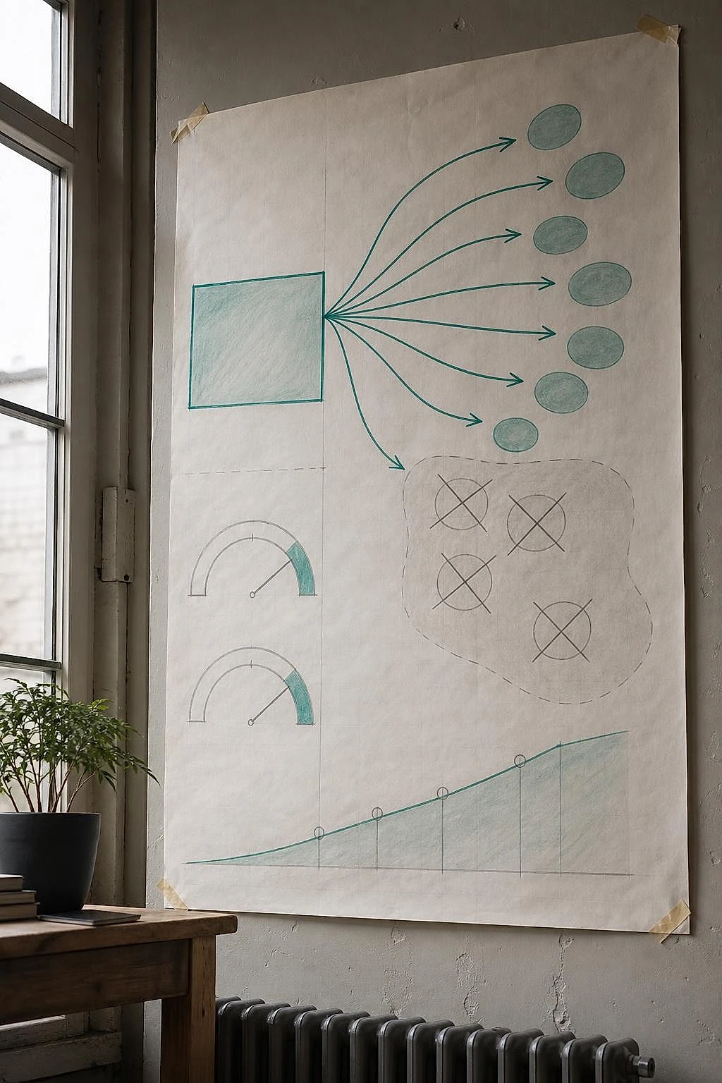 Schema dessine a la main avec fleches et bulles pour cartographier la veille et les mentions externes