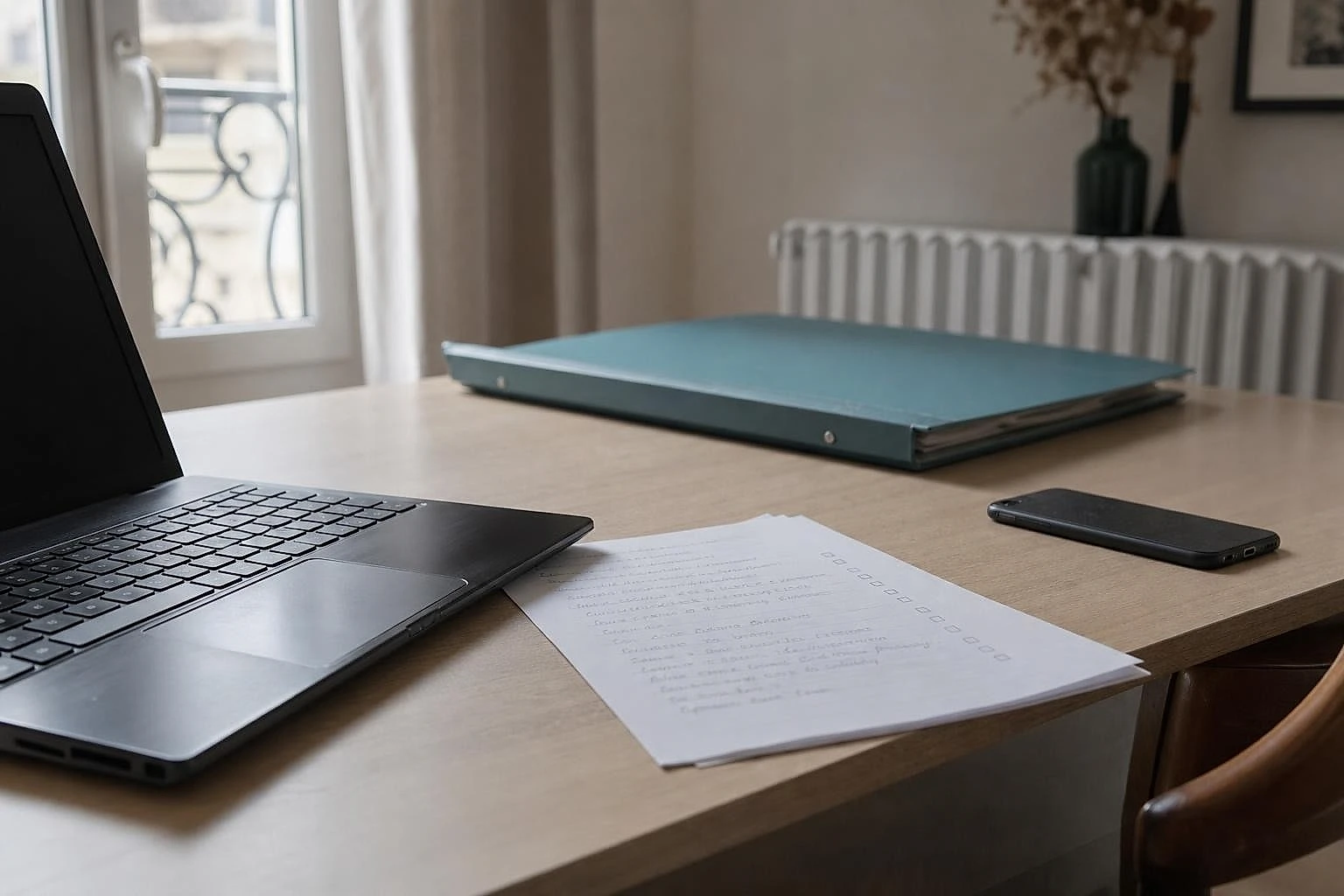 Clavier use et feuille annotee sur une table, telephone pose a cote pour preparer une recherche