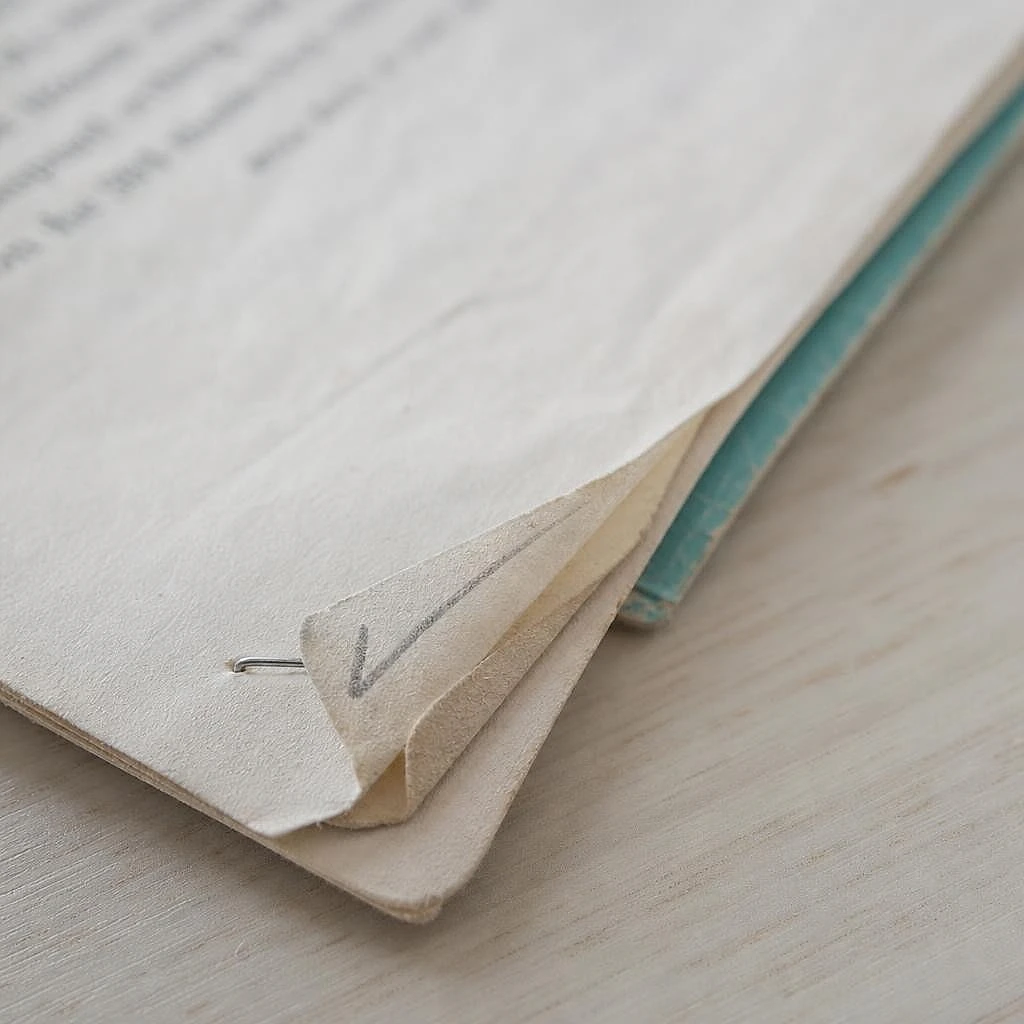 Gros plan sur le coin corne et l'agrafe d'une pile de feuilles imprimees marquees au crayon