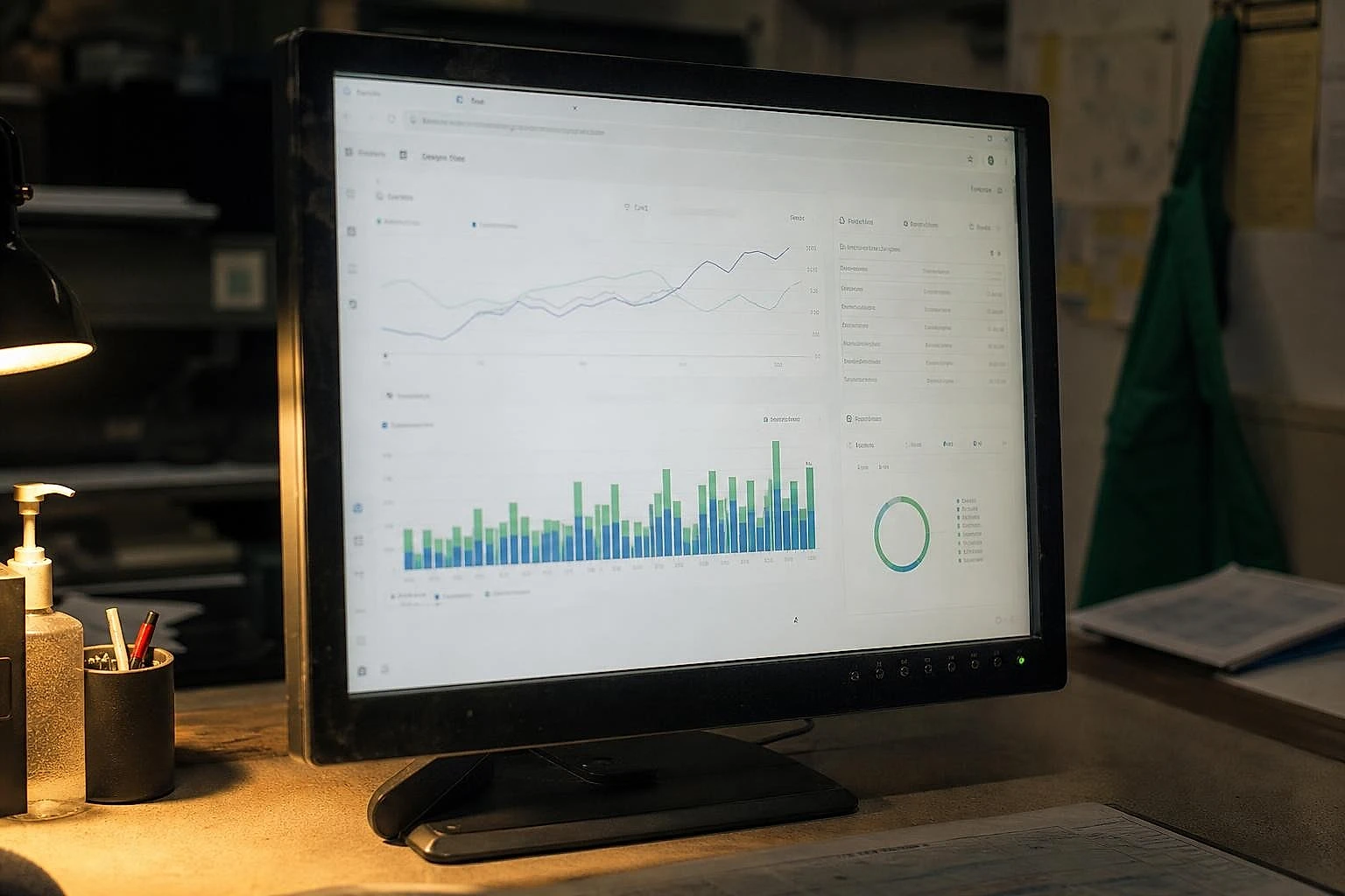 Screen showing a search performance dashboard on a worn administrative desk