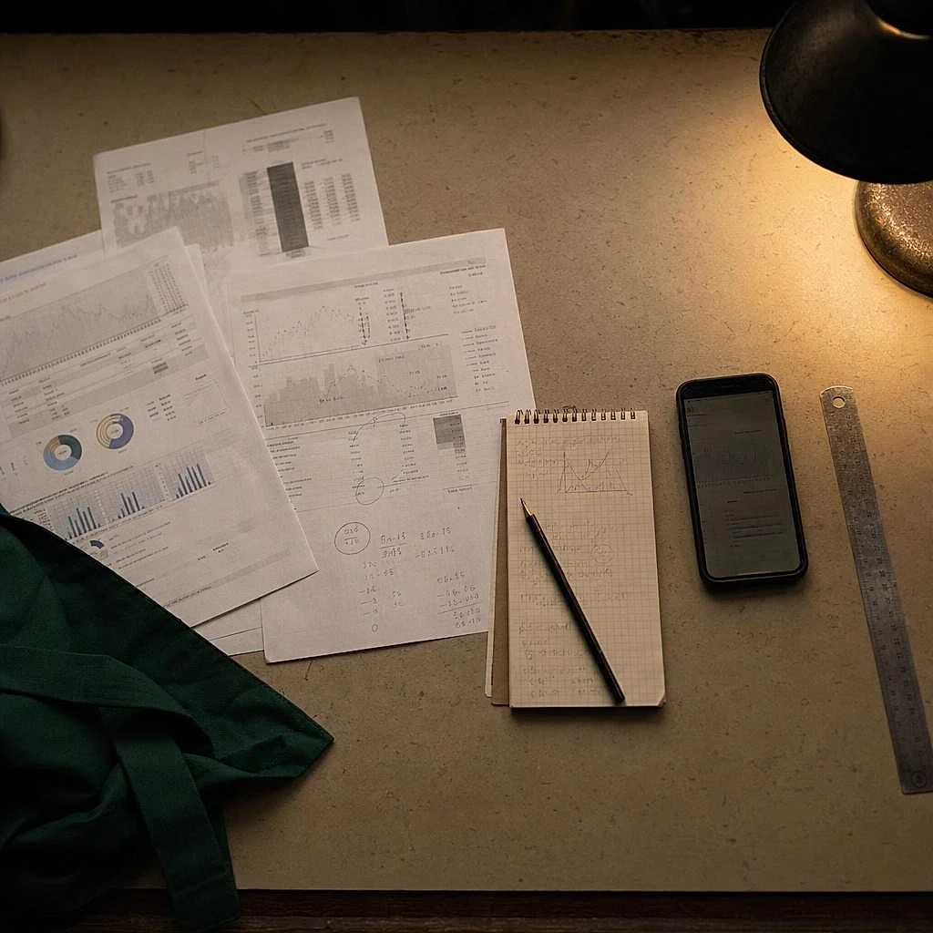 Top view of annotated reports, a notebook and a phone on a worn desk at the end of the day