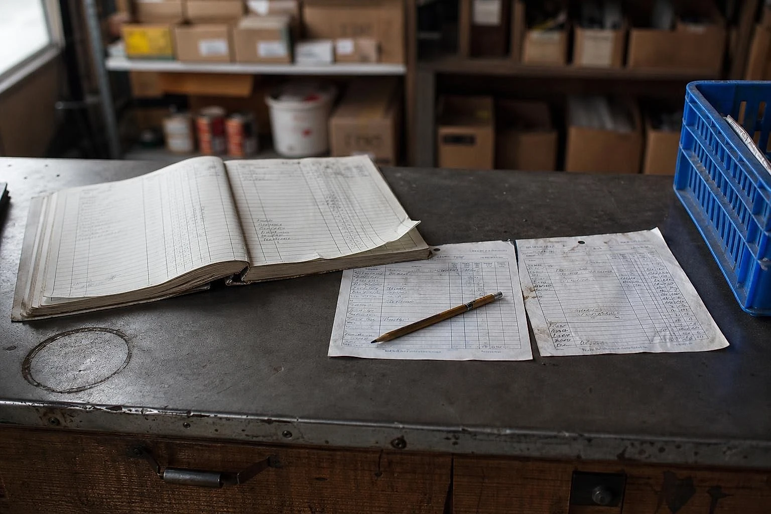 Open order ledger and annotated slips on a metal back-room counter