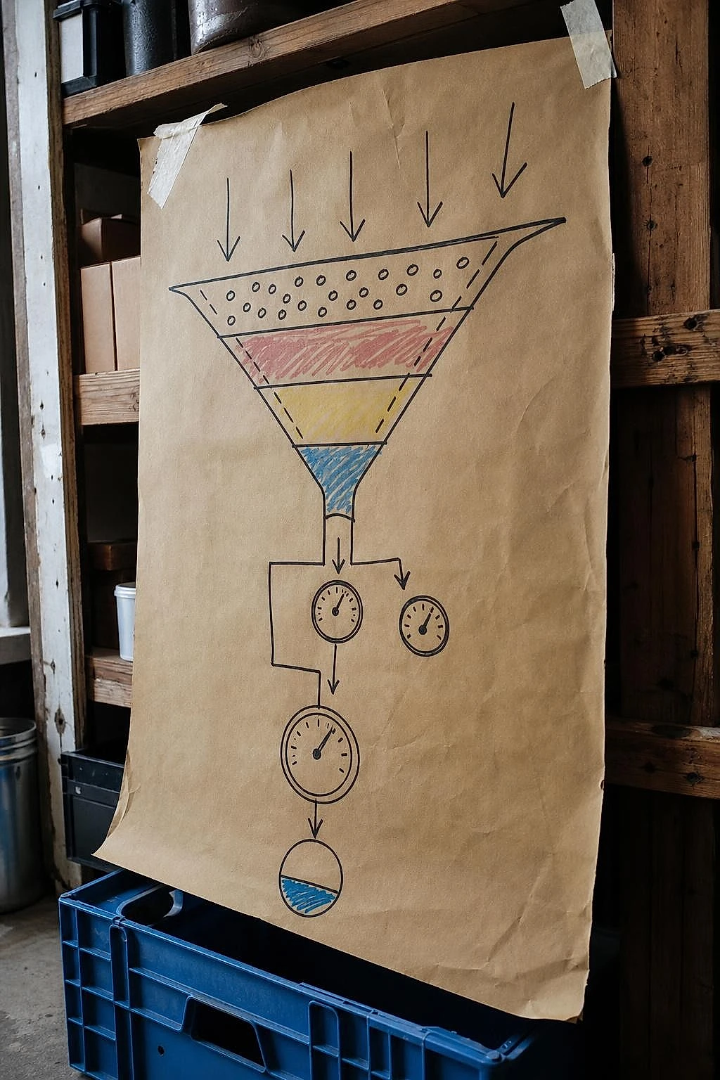 Conversion funnel diagram hand-drawn on kraft paper in a stockroom
