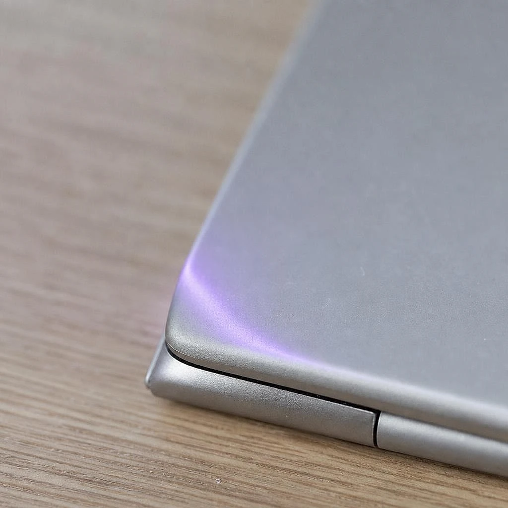 Close-up of a laptop's brushed aluminum hinge with a soft purple reflection