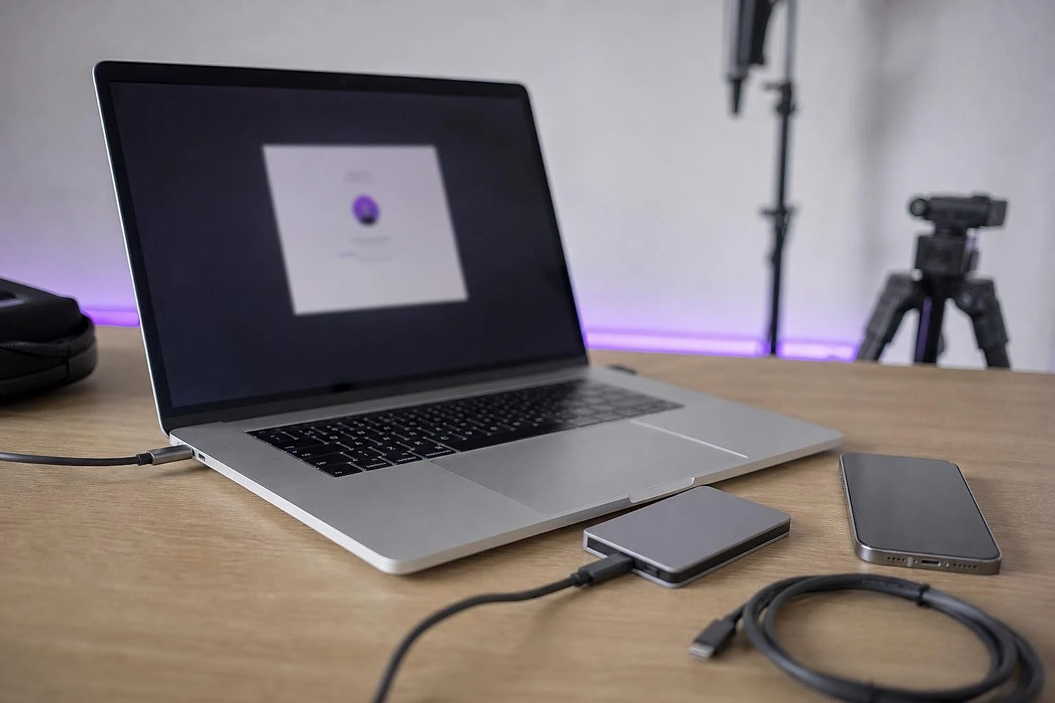 Laptop being installed on a light oak desk with a cable and a smartphone