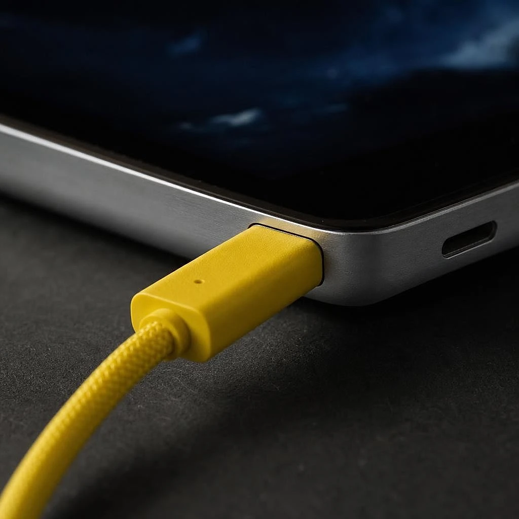Close-up of a yellow charging cable plugged into a laptop port