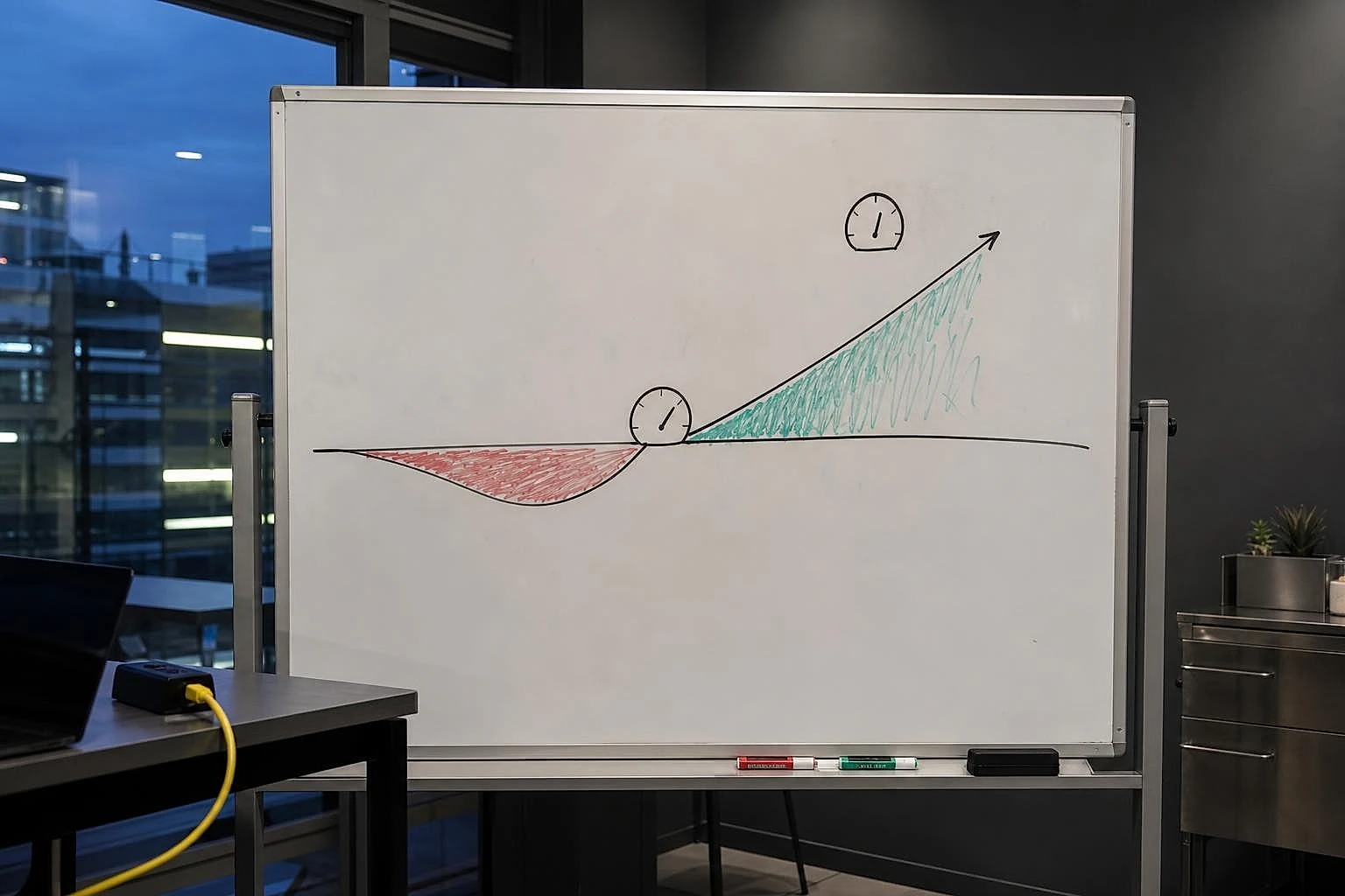 Whiteboard diagram showing a budget threshold between two colored zones