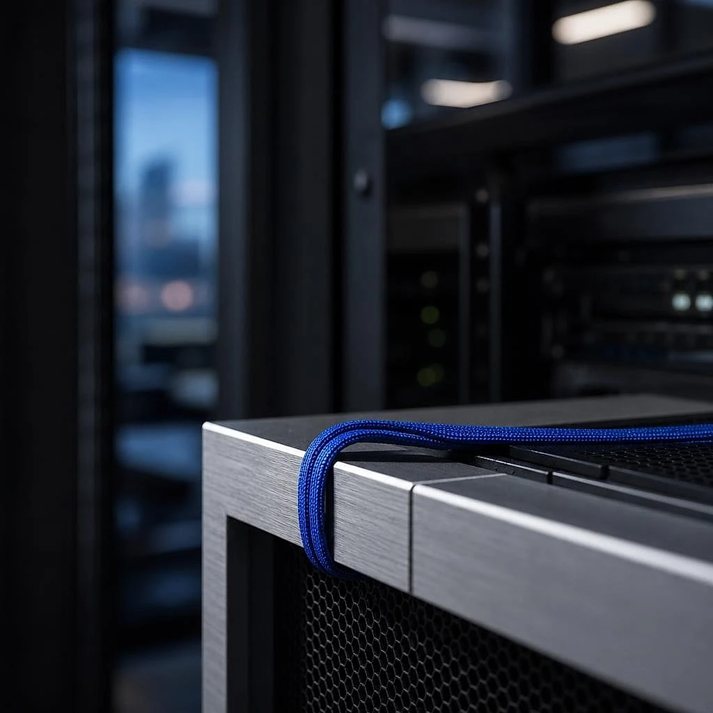 Close-up of a blue badge lanyard coiled on the brushed edge of a server rack