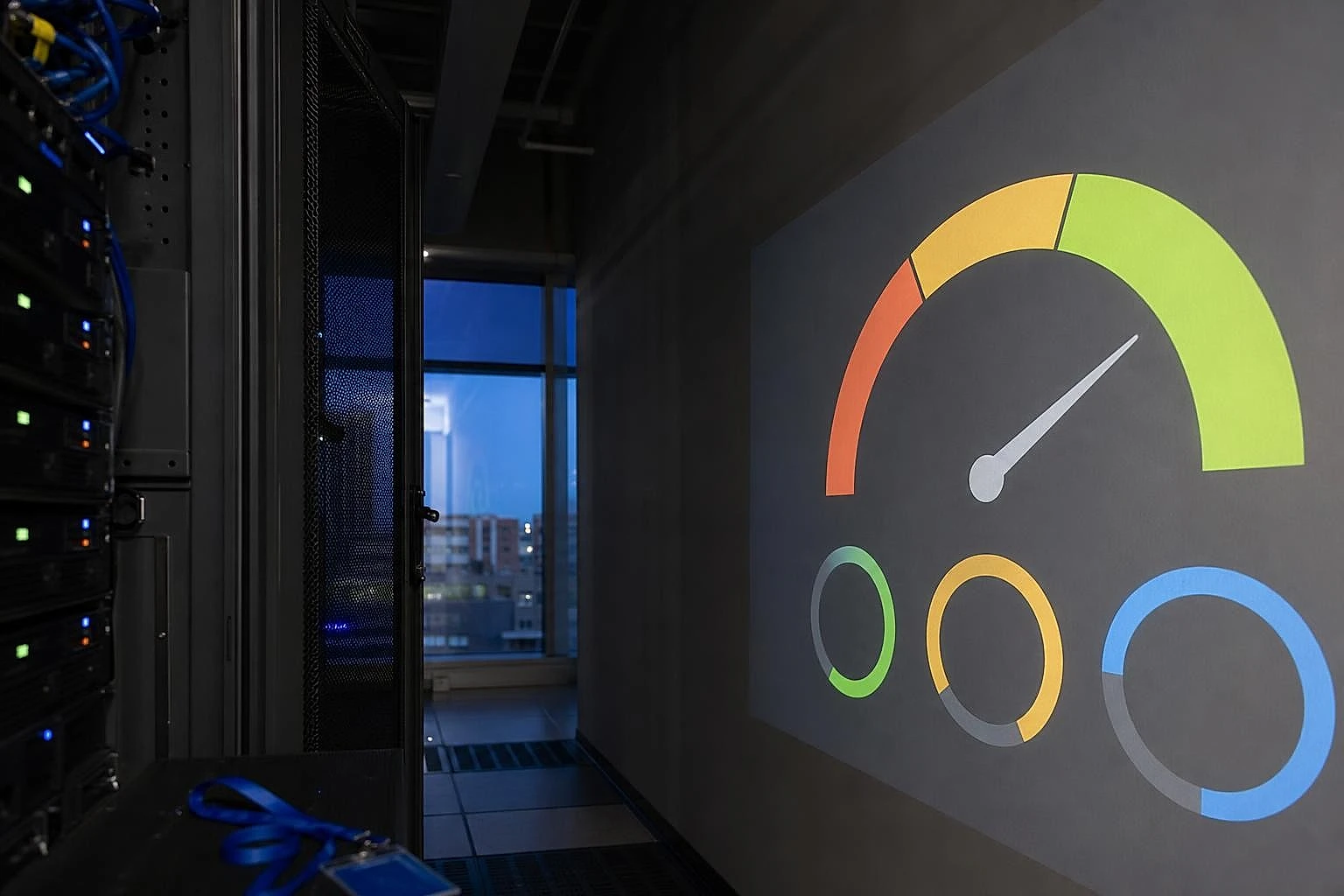 Performance report projected on a wall showing speed gauges and curves near the server racks