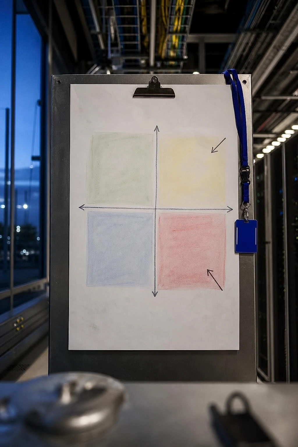 Hand-drawn impact effort matrix in four colored quadrants pinned to a technical board