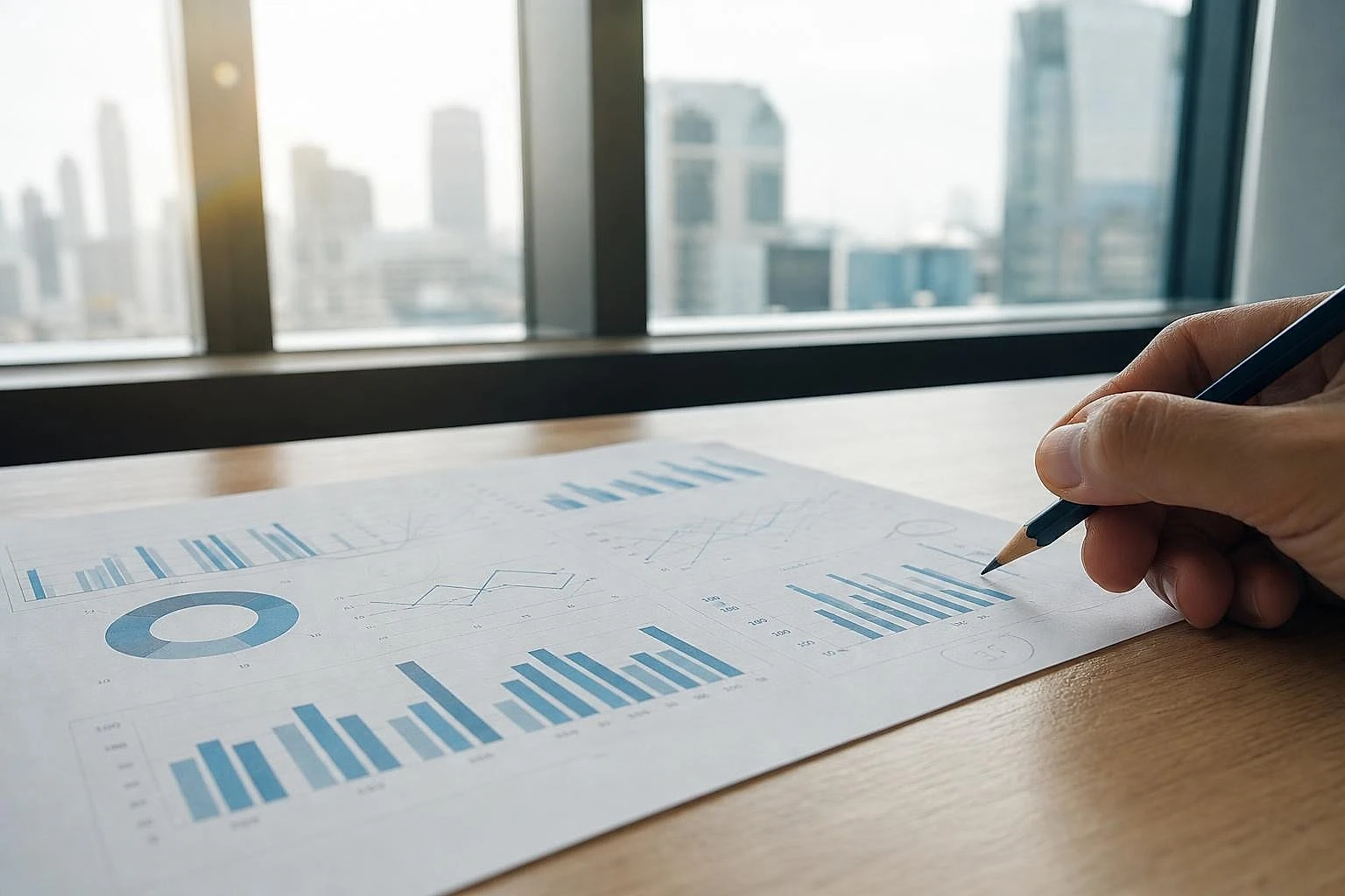 Hand annotating a printed page of charts in pencil to frame the key actions to measure