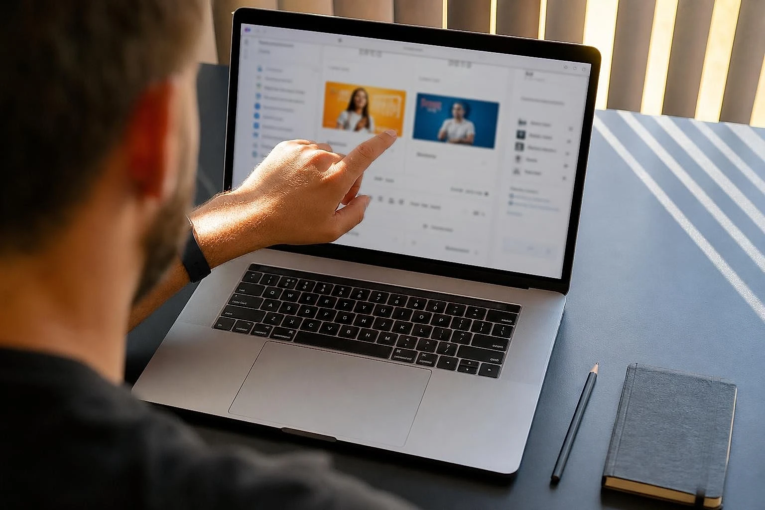 Two competitor ad creatives compared side by side on a laptop, with bands of raking light.