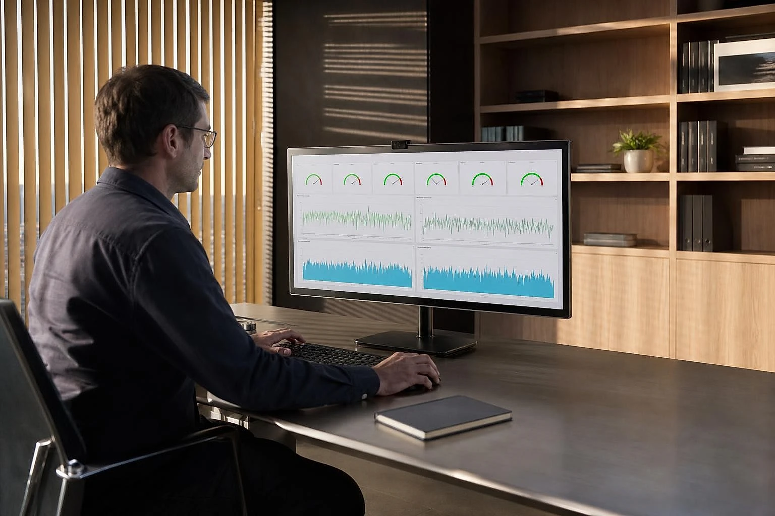 Analyst in profile cross-referencing traffic data on screen, bands of light from the blinds at end of day