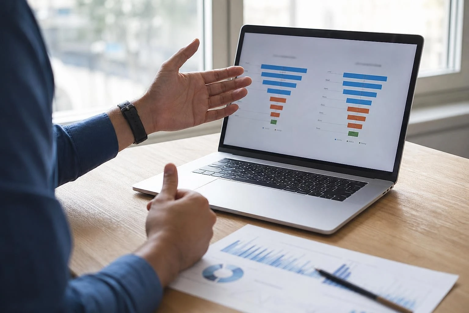 An executive's hands comparing two conversion rate bar charts on a laptop in front of a glass wall