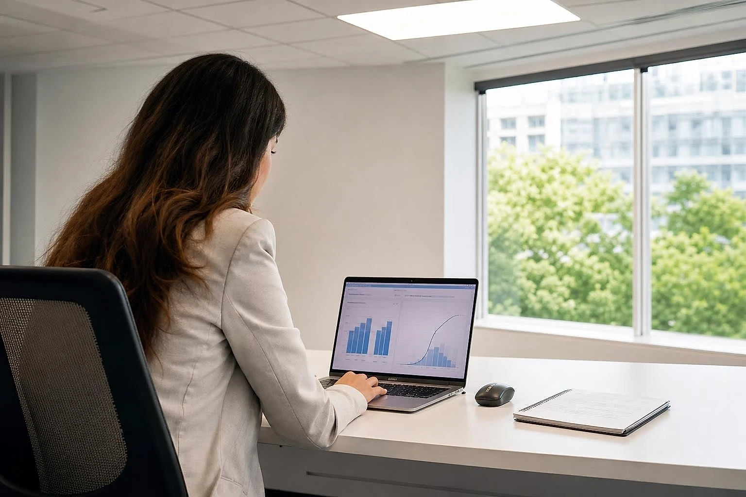 Manager seen from behind checking on screen the gap between measured transactions and actual sales